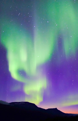 Grün-violette Polarlichter tanzen über dunklen Bergsilhouetten in der skandinavischen Nacht, klarer Sternenhimmel im Hintergrund.