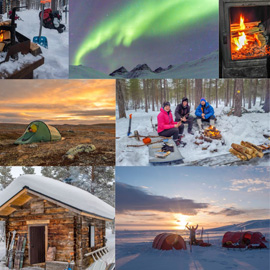 Collage aus acht Fotos zeigt skandinavische Outdoor-Momente: Polarlichter über Bergen, Lagerfeuer im Schnee, Zelt bei Sonnenuntergang, Trekkinggruppe im Winter, Holzhaus im Schnee und Pulka-Schlitten auf vereister Ebene.