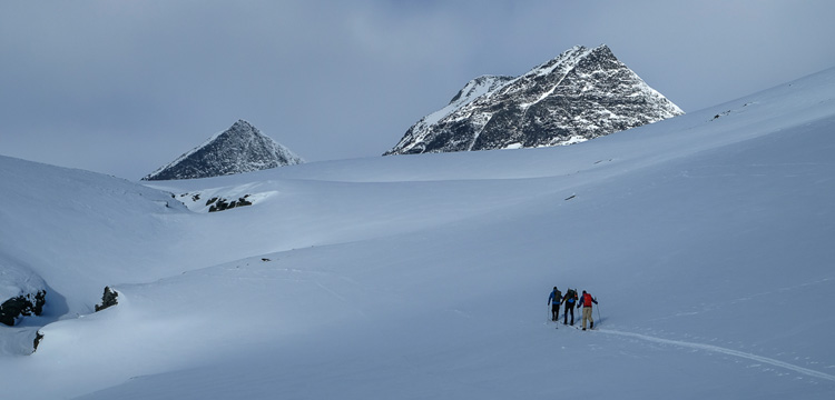 Gruppe von Skitrekkern zieht durch weite Schneeflächen im Narvikfjell, im Hintergrund ragen die Gipfel des Kebnekaise unter wolkenverhangenem Himmel auf.