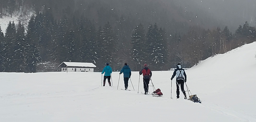Gruppe von vier Skitrekkern zieht mit Pulka-Schlitten über verschneite Wiese bei Lenggries, im Hintergrund dichter Tannenwald und eine Hütte unter grauem Winterhimmel.